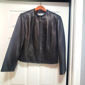 Preston & York Black Leather Jacket with Floral Cutouts